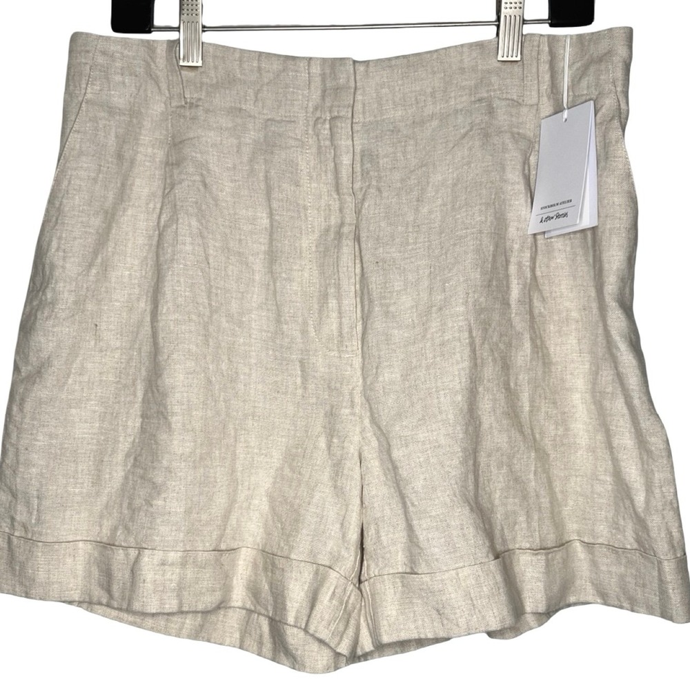 NWT & Other Stories Shorts Beige 12 High Waisted Linen Pleated Cuffed Neutral